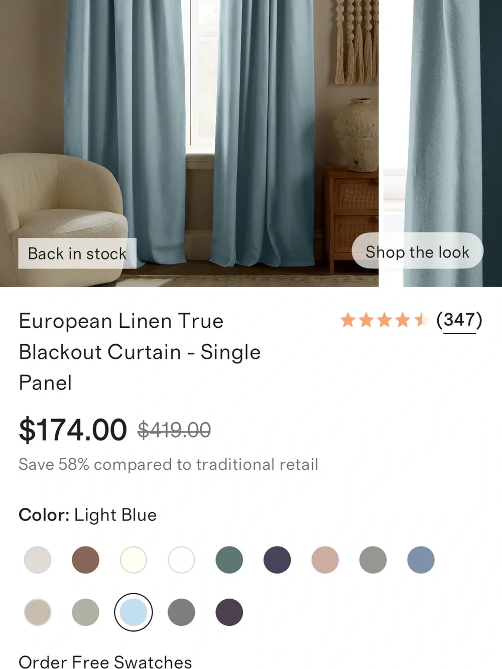 NWOT Quince 96x120 Light Blue Linen Blackout Drapery Panel - Retail $174